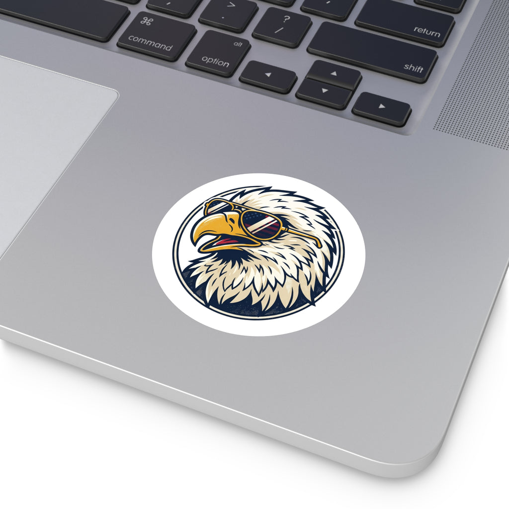 Cool Bald Eagle Round Sticker — Patriotic USA Sunglasses Vinyl Decal