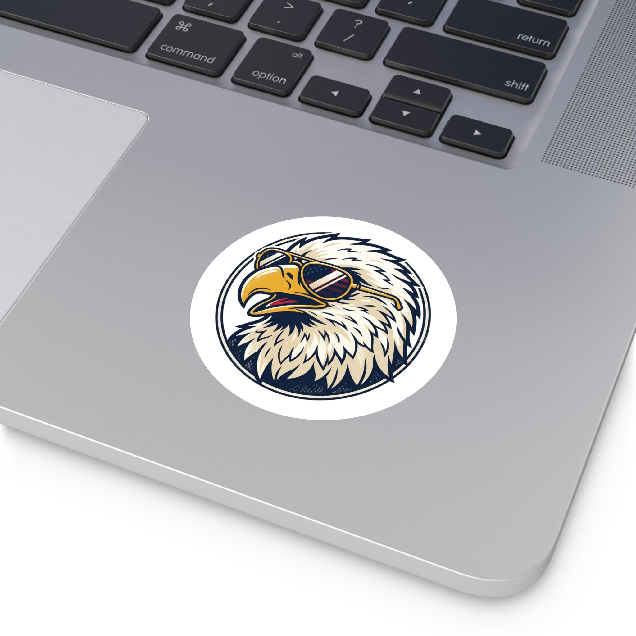 Cool Bald Eagle Round Sticker — Patriotic USA Sunglasses Vinyl Decal