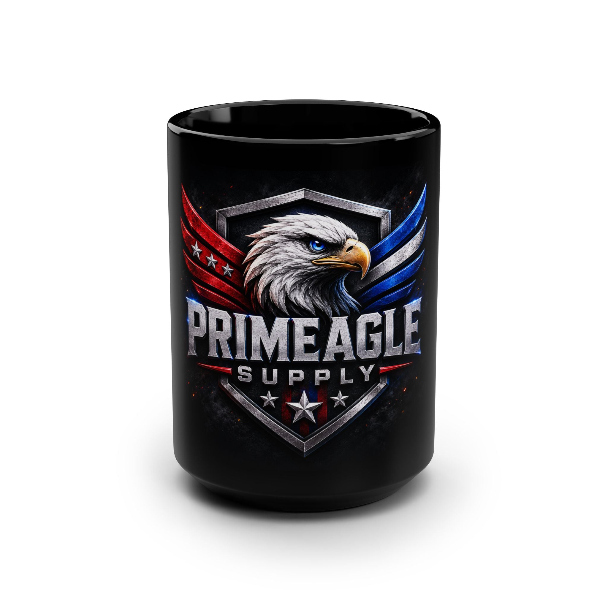 Primeagle Supply Black 15oz Mug — Patriotic Eagle Logo Coffee Cup