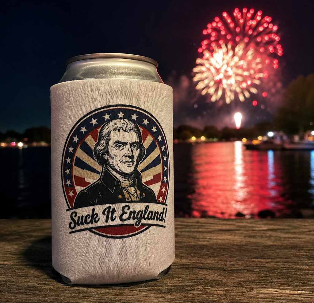 Can Cooler - Vintage Patriotic 'Suck It England!' Beer Can Koozie