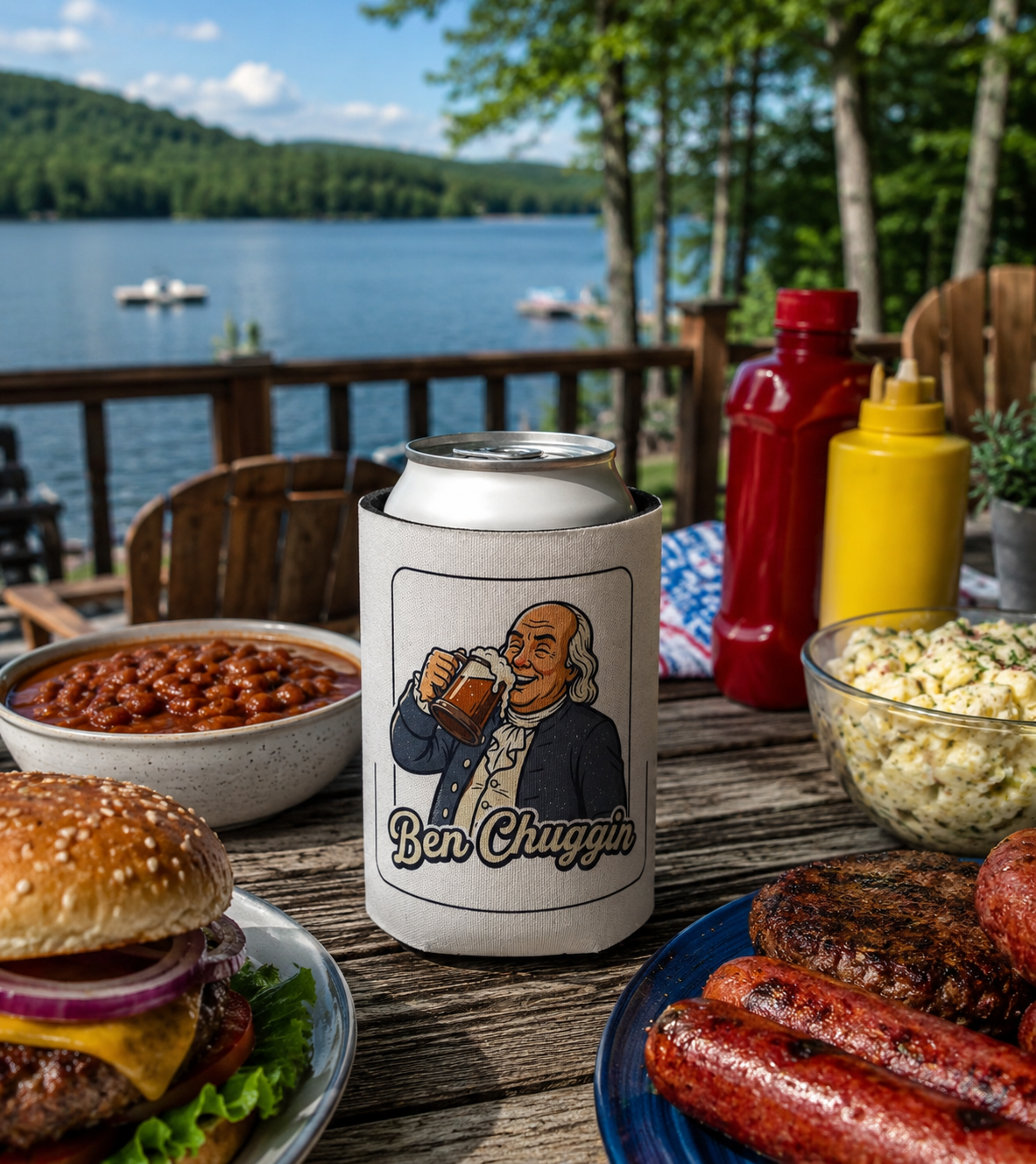 Can Cooler — "Ben Chugging" Patriotic Founding Fathers Beer Koozie