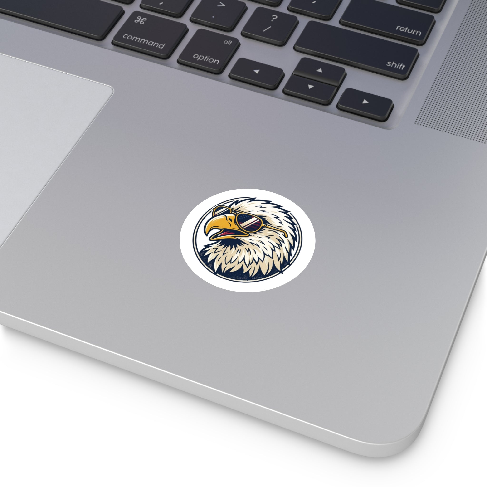 Cool Bald Eagle Round Sticker — Patriotic USA Sunglasses Vinyl Decal