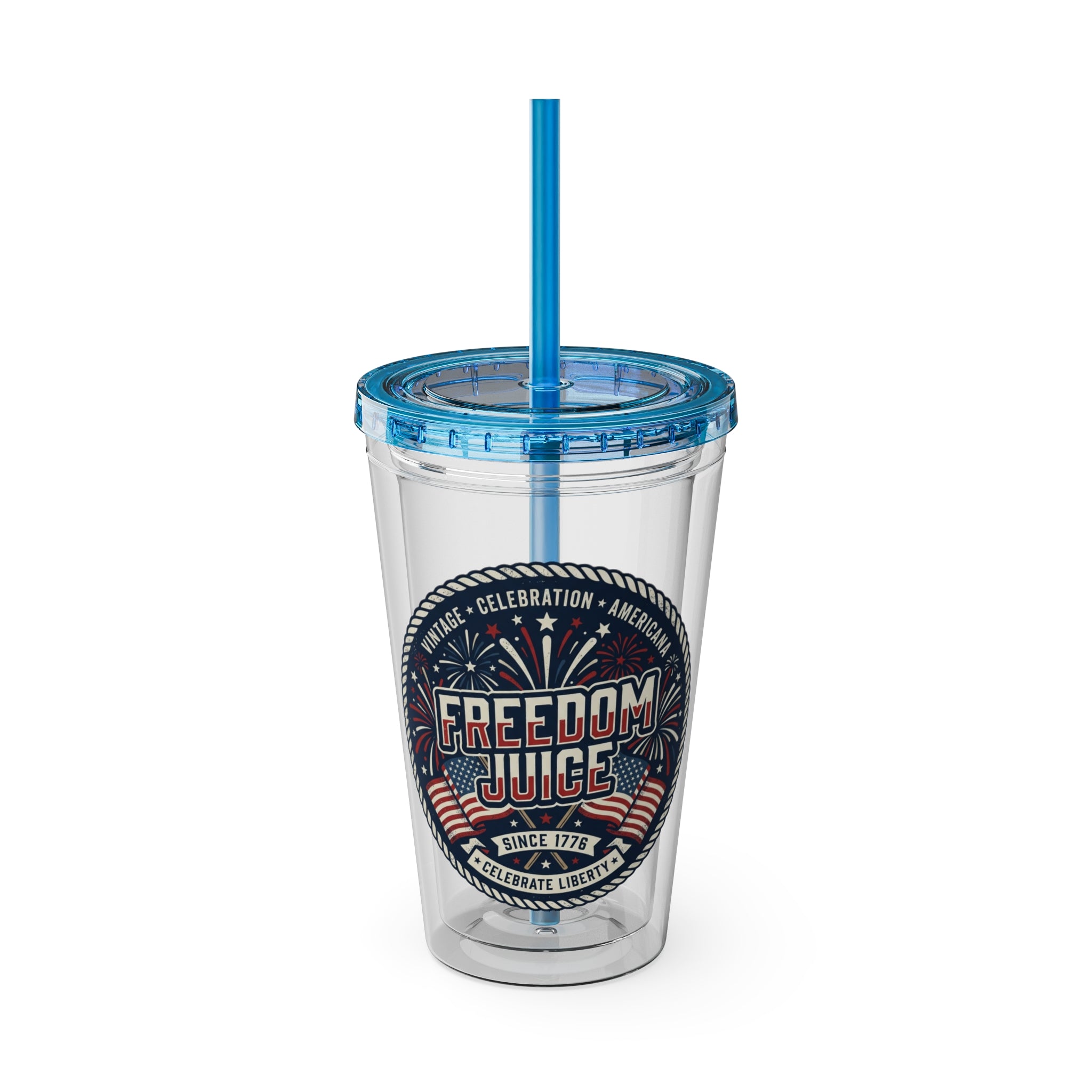 Freedom Juice 16oz Tumbler with Straw – Patriotic USA Celebration Drink Cup