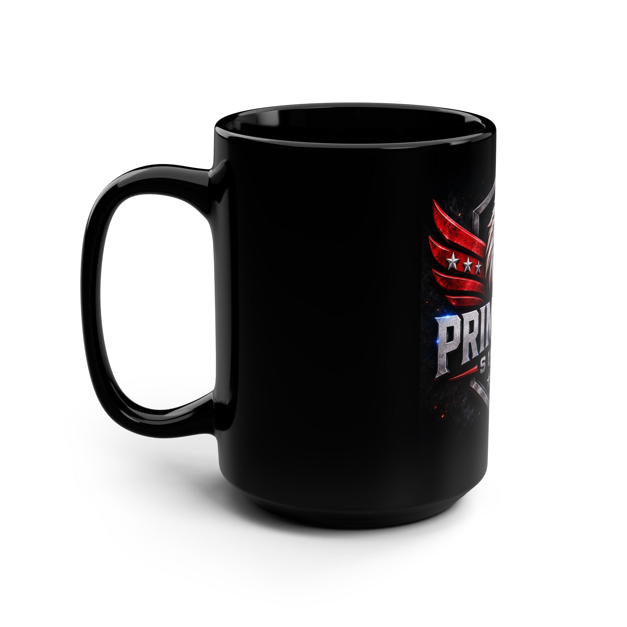 Primeagle Supply Black 15oz Mug — Patriotic Eagle Logo Coffee Cup