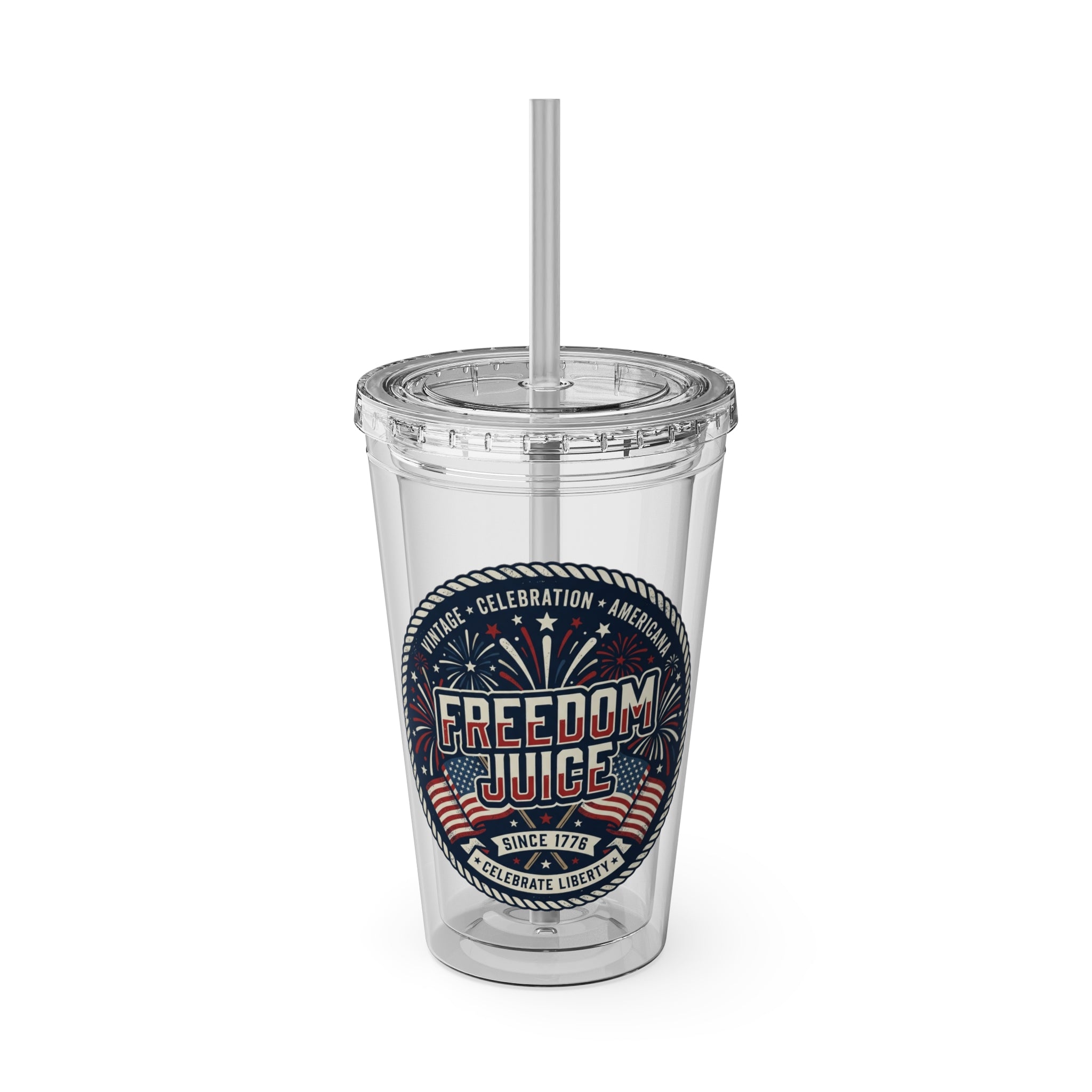 Freedom Juice 16oz Tumbler with Straw – Patriotic USA Celebration Drink Cup