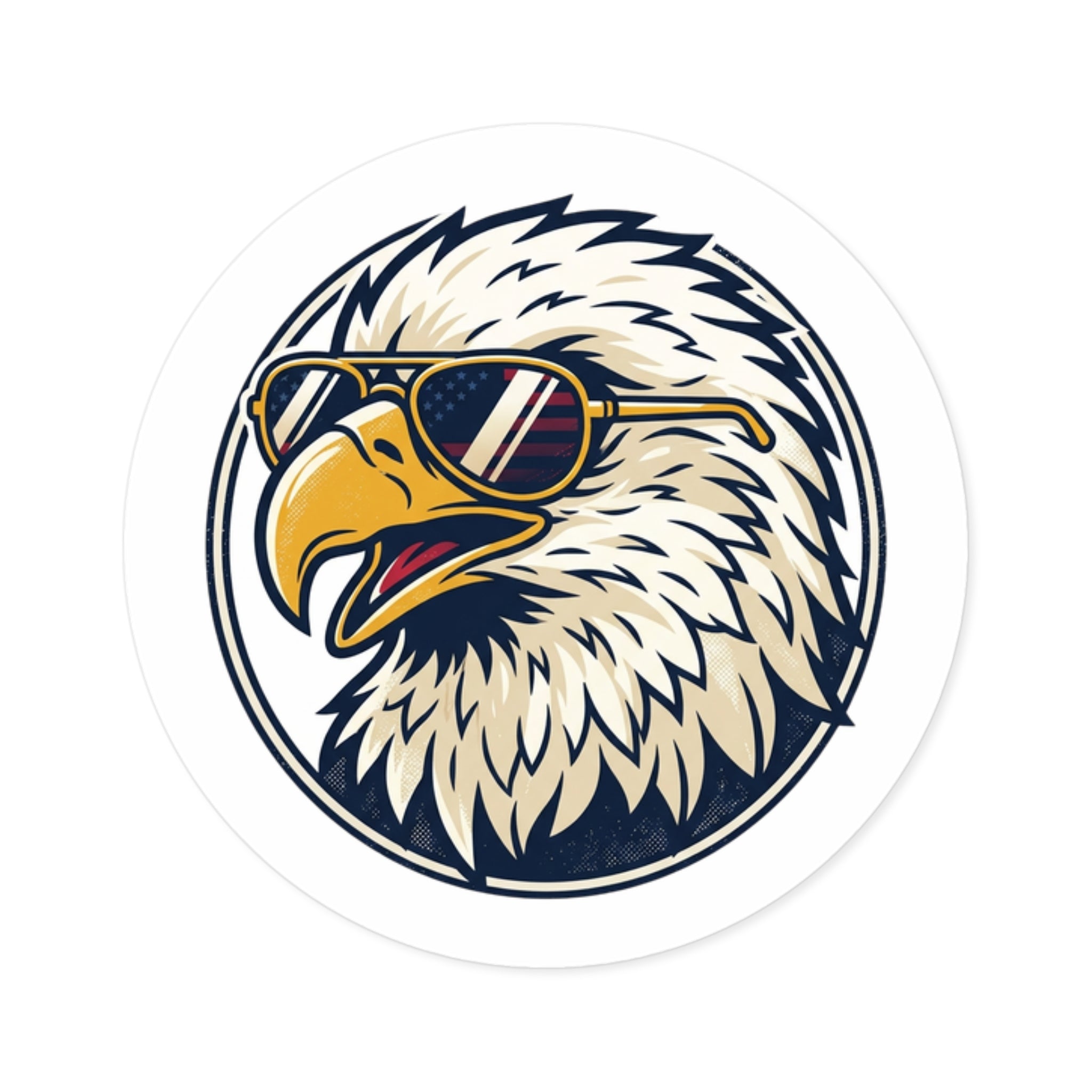 Cool Bald Eagle Round Sticker — Patriotic USA Sunglasses Vinyl Decal